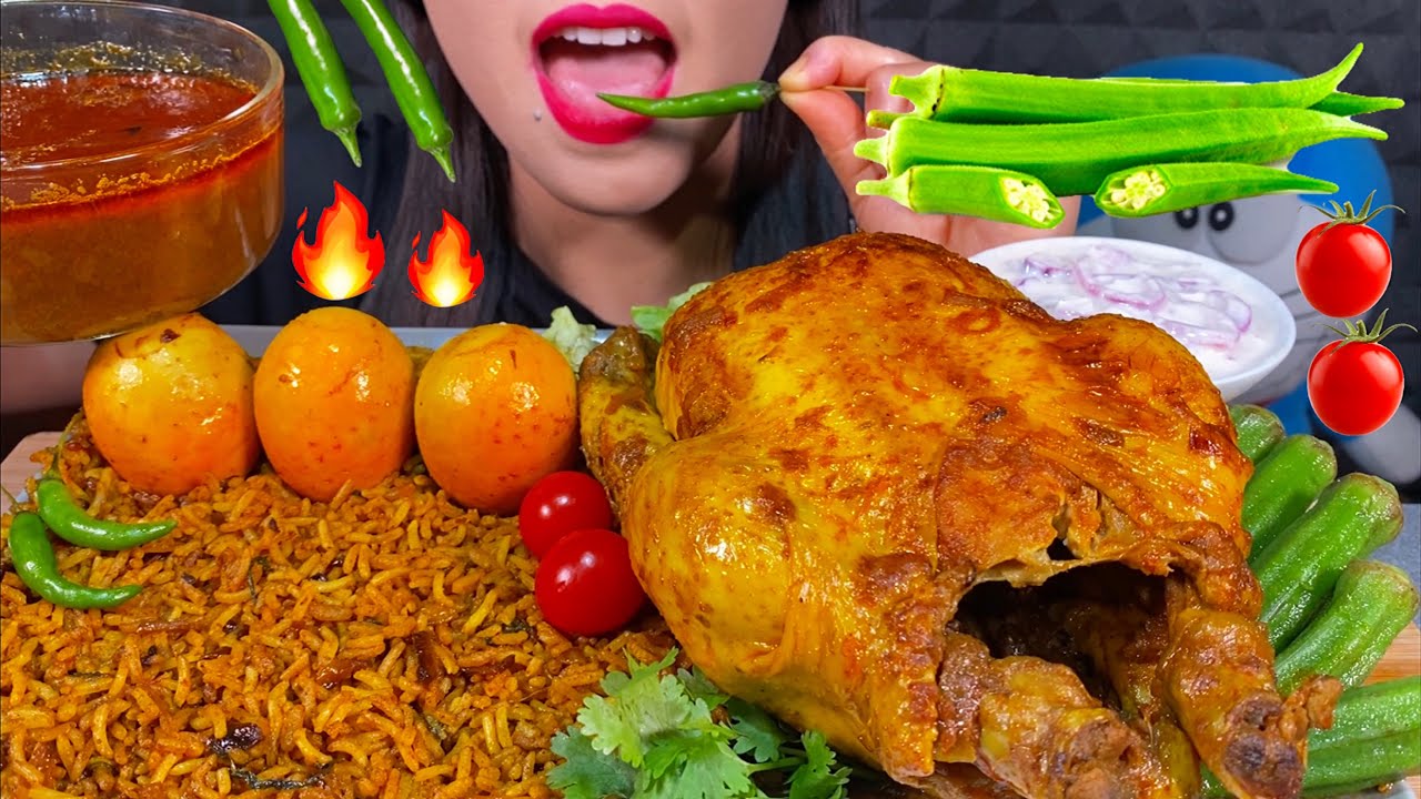 ASMR WHOLE CHICKEN CURRY, SPICY EGG BIRYANI, RAITA, OKRA, CHILI MASSIVE Eating Sounds