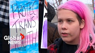 Protests against Alberta Premier Danielle Smith’s new transgender policy in Calgary, Edmonton