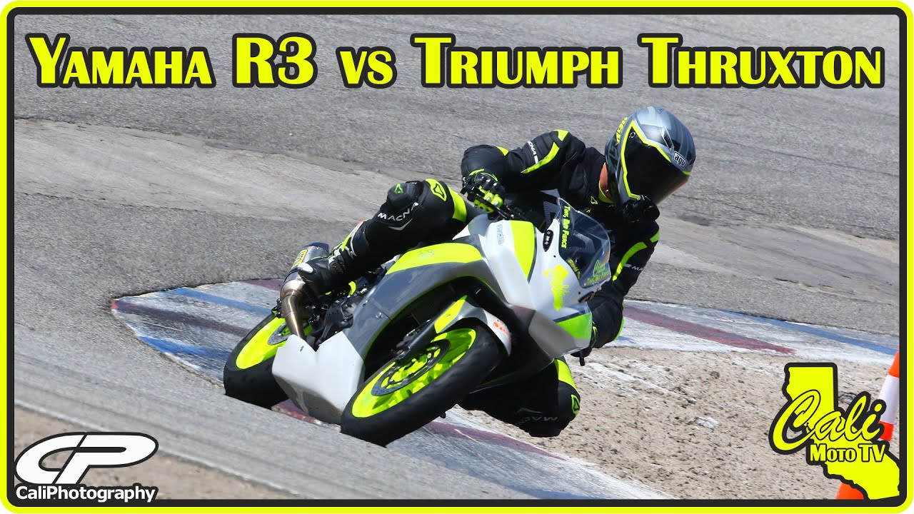 Yamaha R3 vs Triumph Thruxton at Buttonwillow Raceway - YouTube