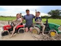 Playing in the mud and pulling real tractor out of the mud | Tractors for kids