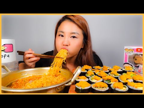 KOREAN SPICY NOODLES + UNI KOREAN KIMBAP ROLLS l MUKBANG