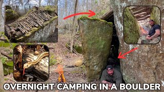 Solo Overnight Lost Hiker in the Woods Shelters Inside of a Boulder