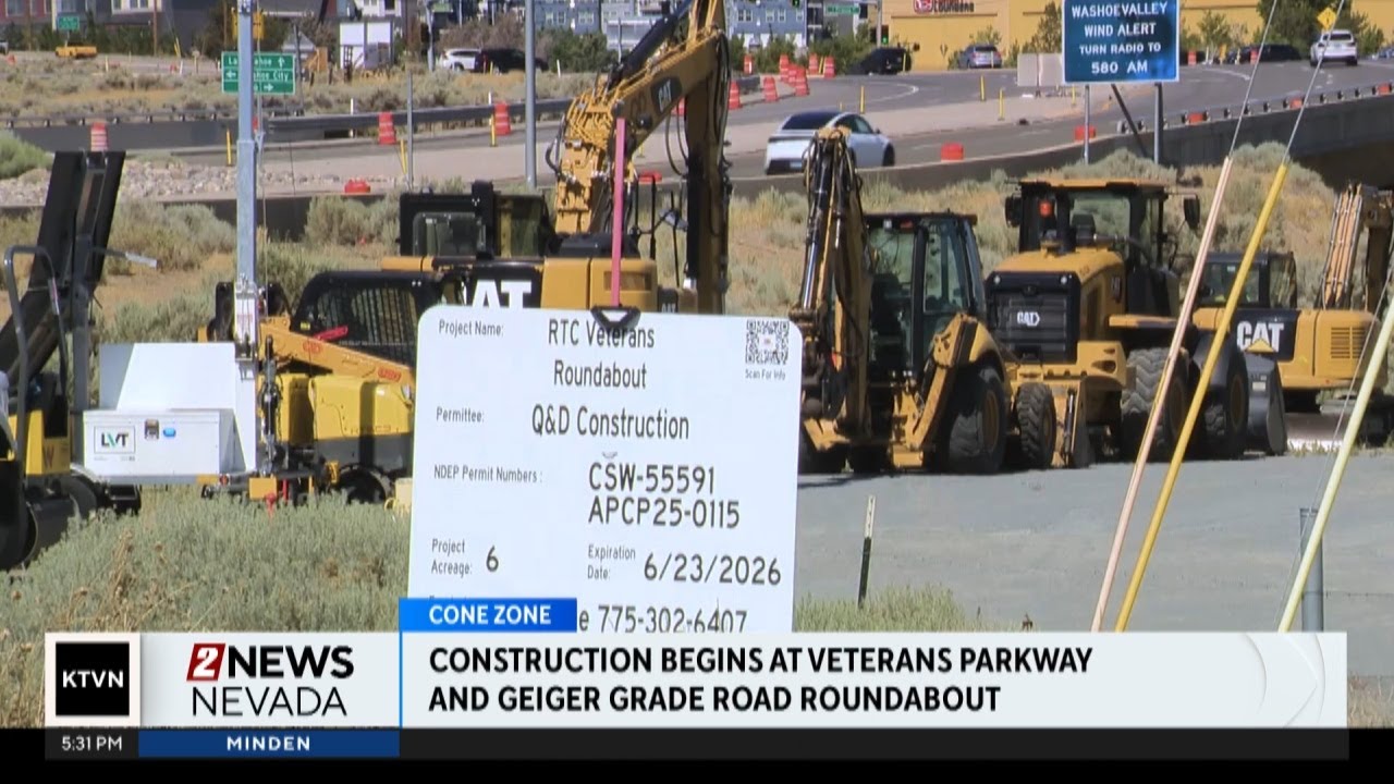 Construction begins on Veterans Roundabout in south Reno - YouTube