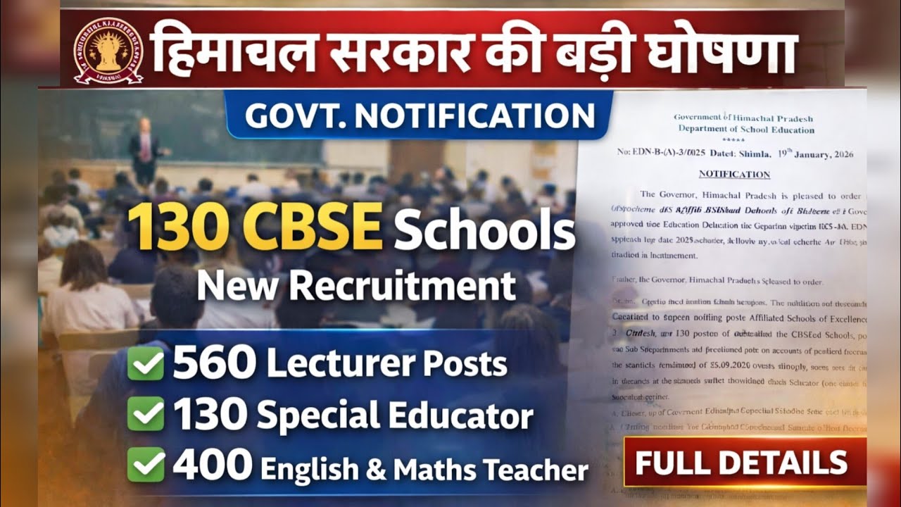 Himachal Pradesh Govt Big Notification 2026 | 130 CBSE Schools | 560 Lecturer Posts | Full Details 