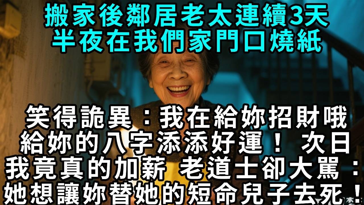 搬家後鄰居老太連續三天，半夜在我們家門口燒紙，笑得詭異：「我在給你招財哦，給你的八字添添好運！」次日我竟真的加薪，老道士大罵：「她想讓你替她的短命兒子去死！」