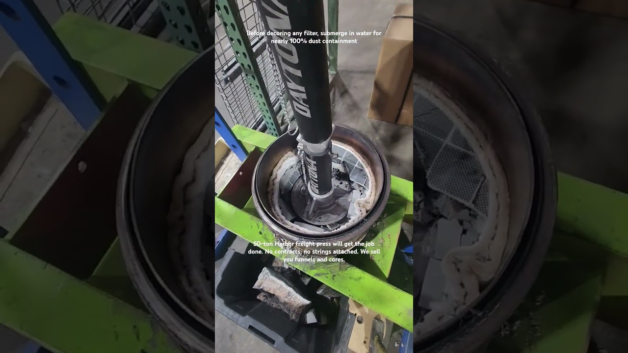 Core and decore a DPF with harbor freight 50-ton press and two jack stands.