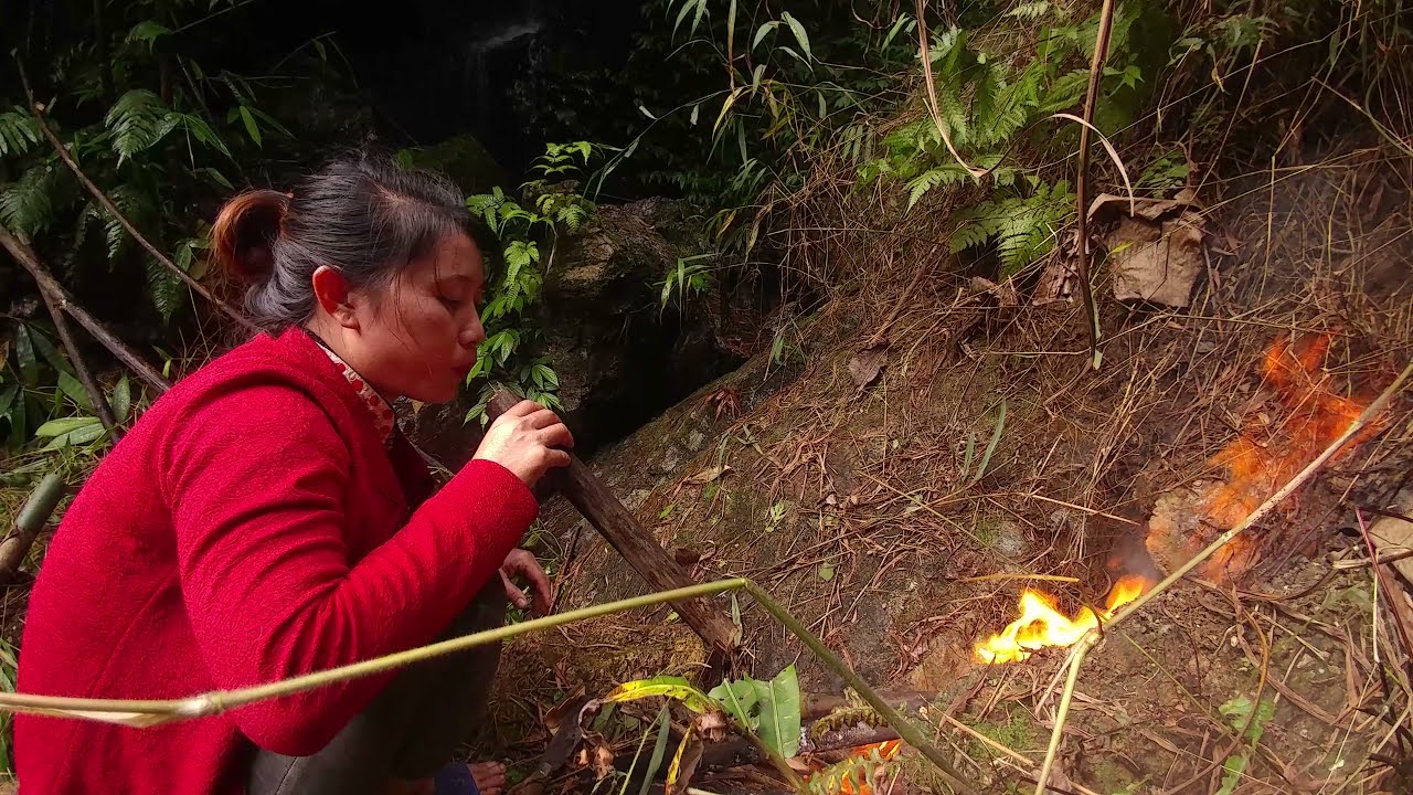 4K — The girl in the Bushcraft bush bathes and cooks unique dishes using a tree pipe — Survive alone