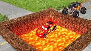 MONSTER SHARK and LIGHTNING MCQUEEN VS MINECRAFT GIANT LAVA PIT