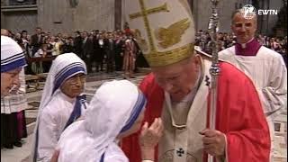 John Paul II greets and blesses Mother Teresa of Calcutta a few months before her death