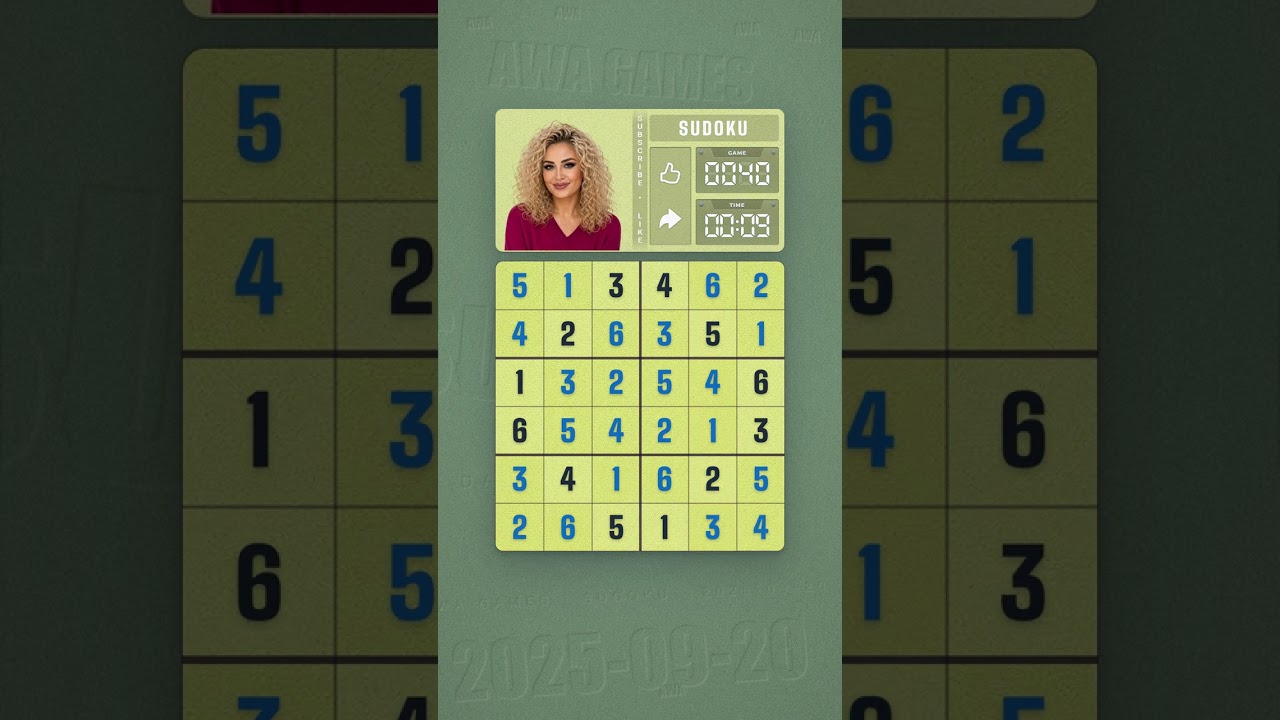 LinkedIn Mini Sudoku #40 solved board for September 20, 2025, 6x6 grid