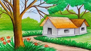 How to draw landscape with oil pastel step by step (very simple & easy)