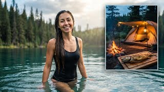 Solo Camping in the Rain by a Remote Lake | Catch & Cook Fish + Wild Mushrooms (ASMR)