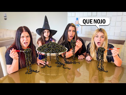 MINHA IRMÃ VIROU UMA BRUXA ESTRANHA E FEZ A GENTE COMER UM MACARRÃO PRETO!!