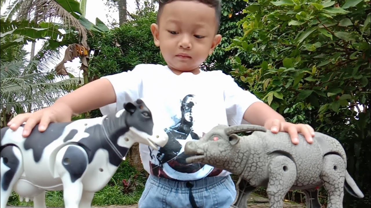 Mainan Kerbau & Sapi, Mainan Hewan Berjalan dan Bersuara, Unboxing Mainan dan Belajar Nama Hewan