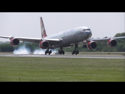 Super Close Smokey Landing of Virgin Atlantic A340 at Manchester for a Fresh Coat of Paint! 7.6.18