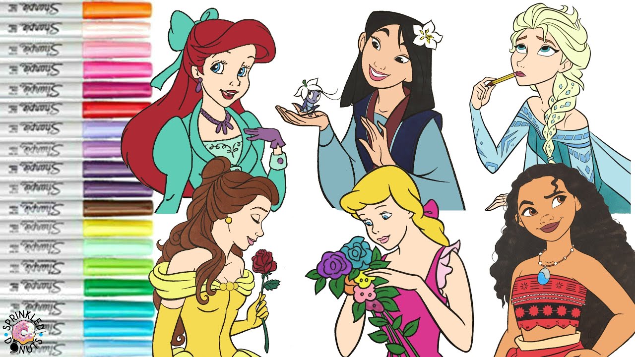 Disney Princess Coloring Book Compilation Mulan Ariel Belle Elsa Moana Cinderella Merida