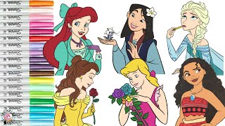 Disney Princess Coloring Book Compilation Mulan Ariel Belle Elsa Moana Cinderella Merida