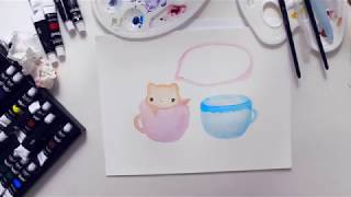 Watercolor - A Cat In A Cup - Speed Art Watercolor Practice My Art Diary