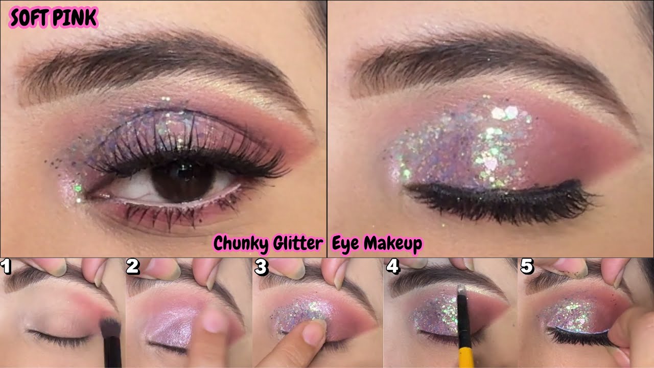Soft Pink Chunky Glitter Eye Makeup Tutorial | Easy Glam Eyes for ...