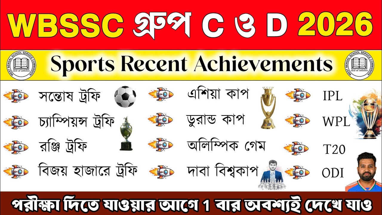 Latest Sports Achievements In India 2026 | WBSSC Group C & D 2026 🔥 খেলাধুলা GK Class Group C Exam