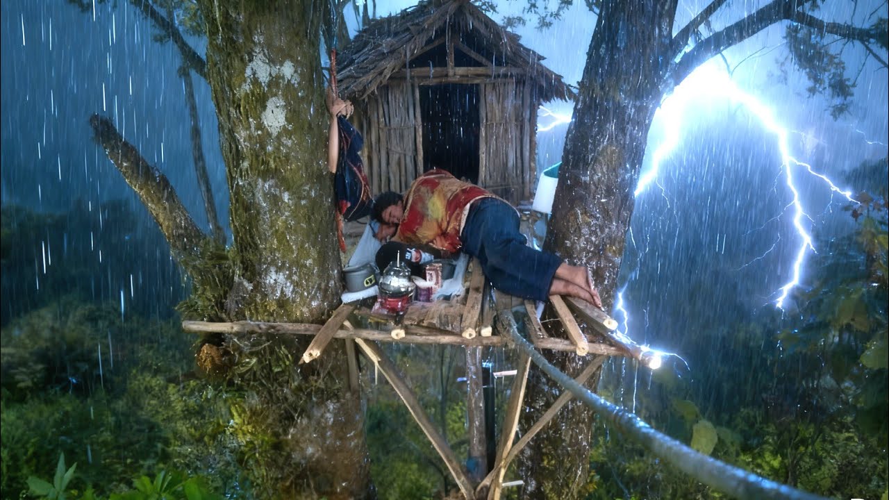 Membangun Rumah Sederhana Di Atas Pohon Dan Di Hantam Hujan Sampai Basah