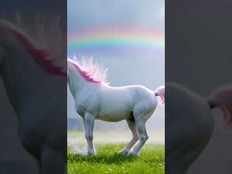 A unicorn dancer pirouettes on a rainbow-lit clearing after a summer storm. ethereal and joyful