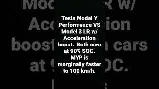 Tesla Model Y Performance VS Model 3 LR w acceleration boost 0-100 km/h. Short clip. Tesla Model Y Performance VS Model 3 LR w acceleration boost 0-100 km/h. Short clip.