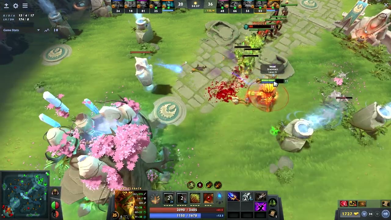 Bristleback - last man standing twice! Toys with Phantom Assassin, fountain dives for triple kill!