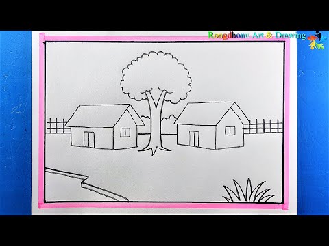 Simple rules for drawing village scenes for Beginners  💖💖Village Scenery Drawing with Pencil