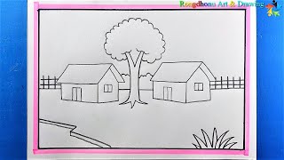 Simple rules for drawing village scenes for Beginners  💖💖Village Scenery Drawing with Pencil