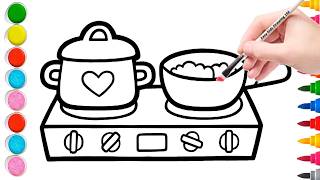 Cute Cooking Pot &amp; Pan Drawing for Kids // Easy Coloring Tutorial |