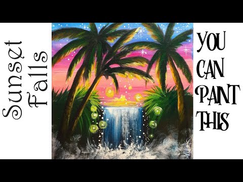 Easy Sunset Waterfall Acrylic painting step by step LIVE 🔴