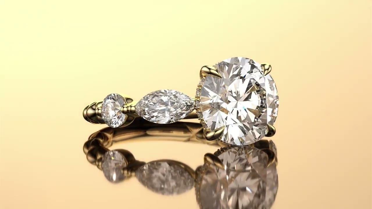 Yellow Gold A.JAFFE Engagement Ring With A Stunning Band of Alternating Marquise and Round Diamonds