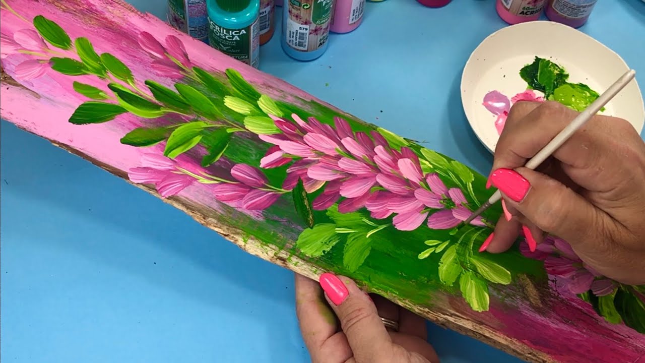 Рисуем цветы на деревянном стволе / Техника акриловыми красками