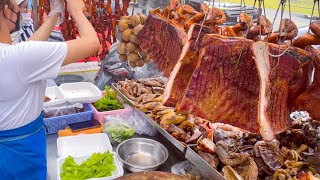 Beautiful lady cutting roast duck & chop meat best Street food in Cambodia