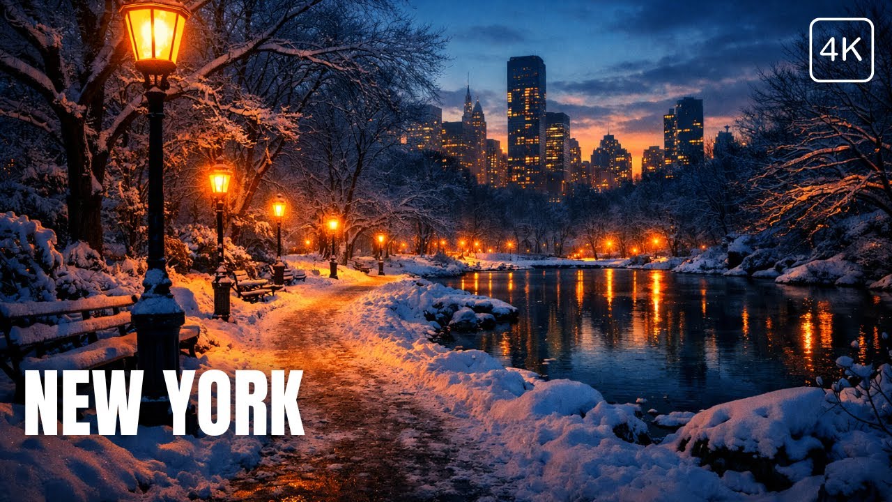 4K HDR Central Park Snowy Walking Tour | Relaxed Walk Cold Twilight