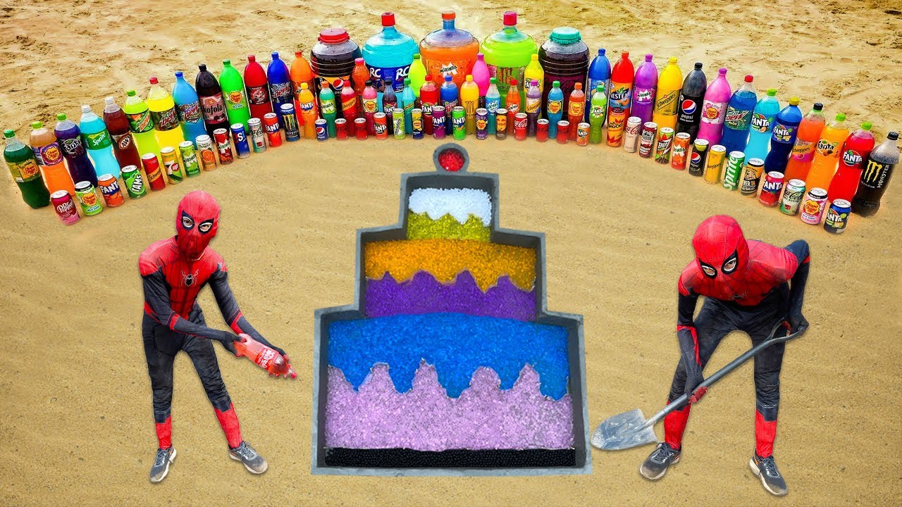 How to make Rainbow Birthday Cake with Orbeez, Giant Sprite, Fanta, Mirinda, Coca Cola & Mentos