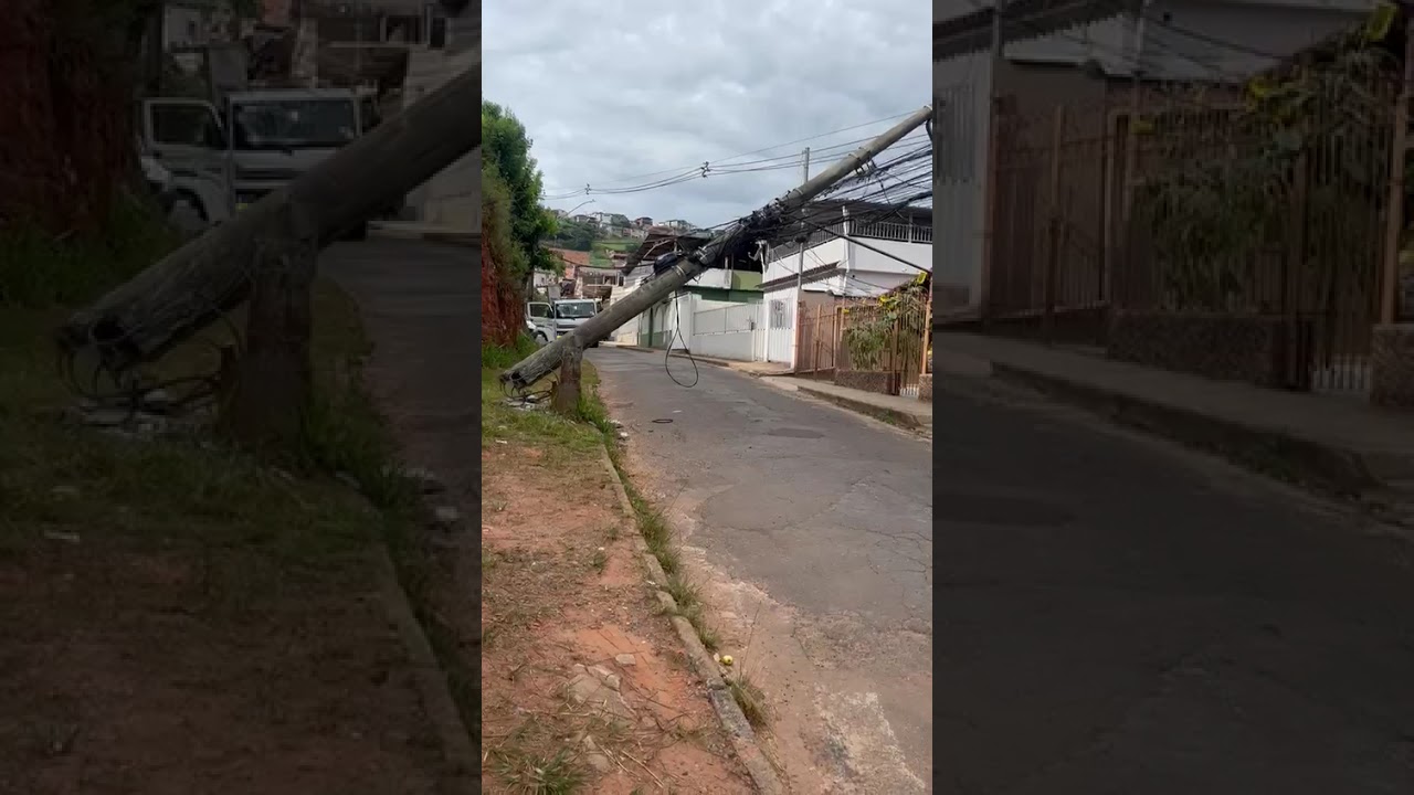 Caminhão bate e derruba poste na rua Santana, centro de Viçosa.