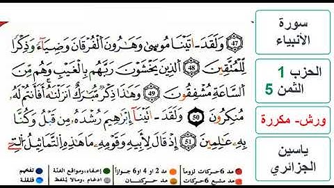 سورة الأنبياء - الحزب 1- الثمن 5 - ياسين الجزائري - ورش - مكررة