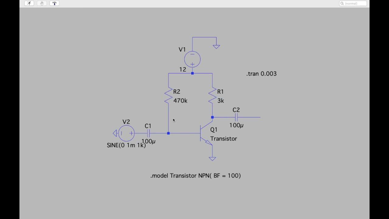 Transistor NPN em polarização fixa no LTspice para análise CC e CA