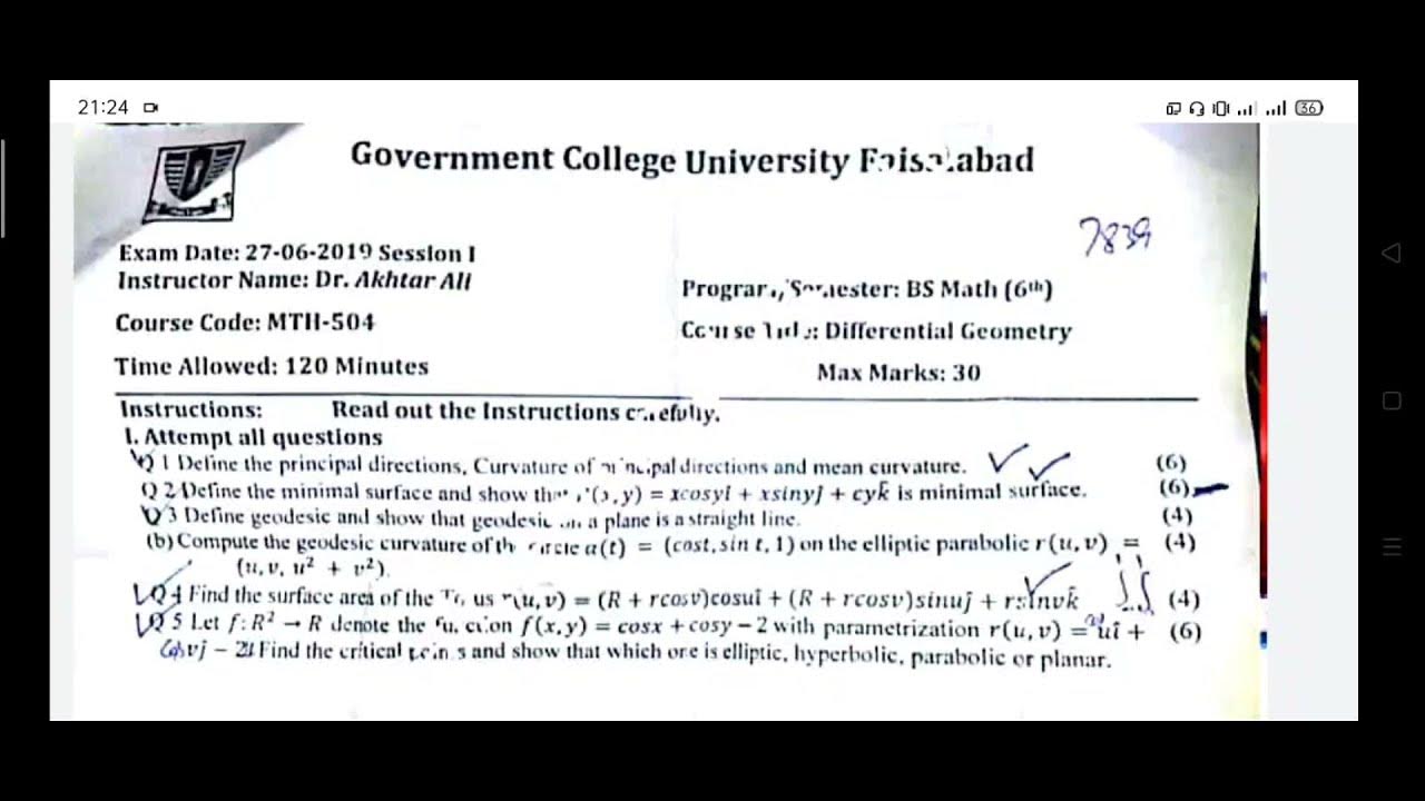 Differential Geometry Past Papers GCUF MSc 1st semester past papers