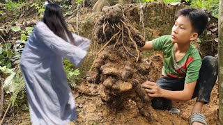 The boy dug up a super big potato, like an idol, and sold it for money