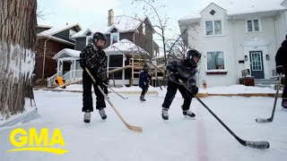 Family celebrates below freezing temperature with homemade ice rink l GMA