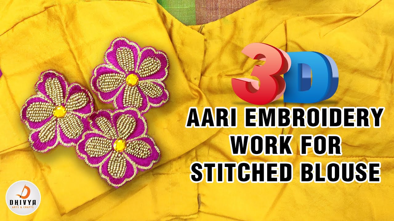 beautiful 3d aari embroidery work on stitched blouse