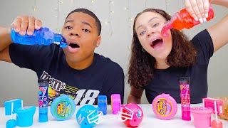 Pink Vs Blue Food Challenge, Honey Jelly, Hubba Bubba Gum Race, Gummy Roll Candy Mukbang