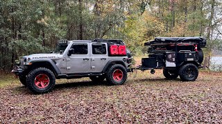 Walkaround custom Smittybuilt Scout  overland trailer build. Set up at camp pulled by Jeep Wrangler