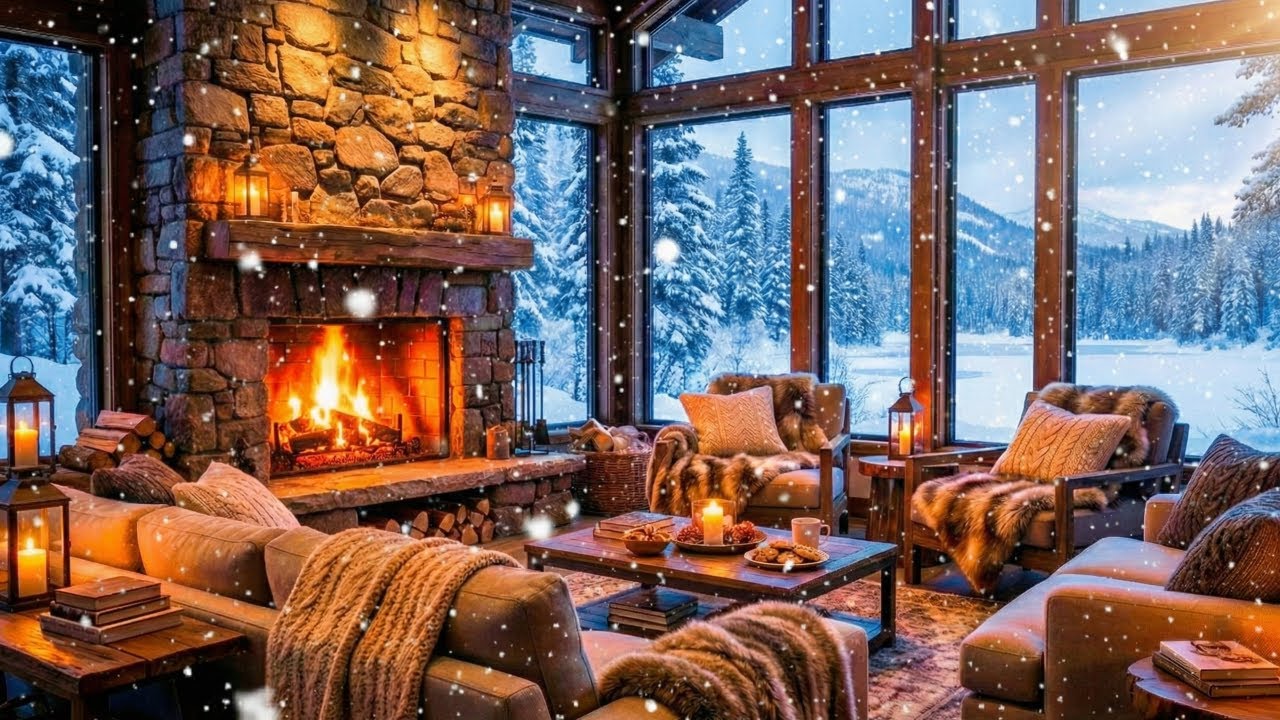Cozy Snowy Cabin ❄️ Relaxing Piano Music & Fireplace Crackles with Falling Snow [4K]