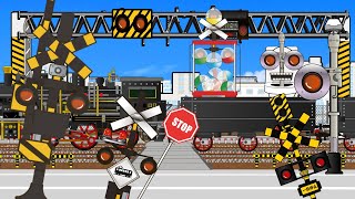 踏切アニメ　仲間を助けるふみきりと釣りをする踏切railroad Crossing and train