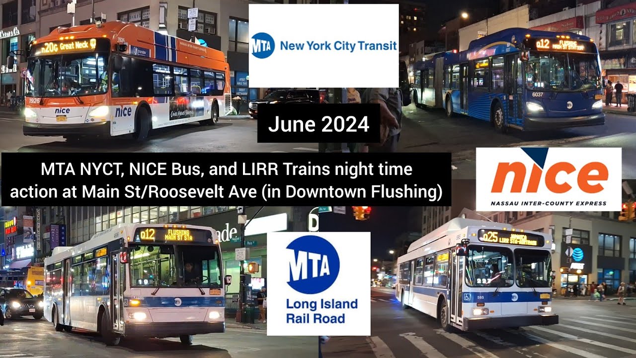 MTA NYCT NICE Bus And LIRR Trains Night Time Action At Flushing Main mta-nyct-nice-bus-and-lirr-trains-night-time-action-at-flushing-main