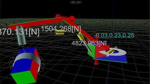 Robotic arm simulation with 3 linear actuators and load at arm end.